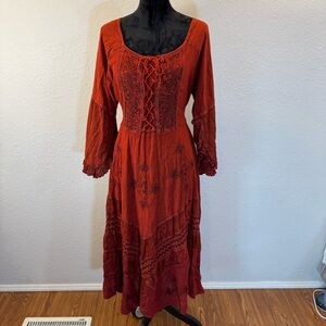 Rust Red Lace-Up Bohemian Maxi Dress